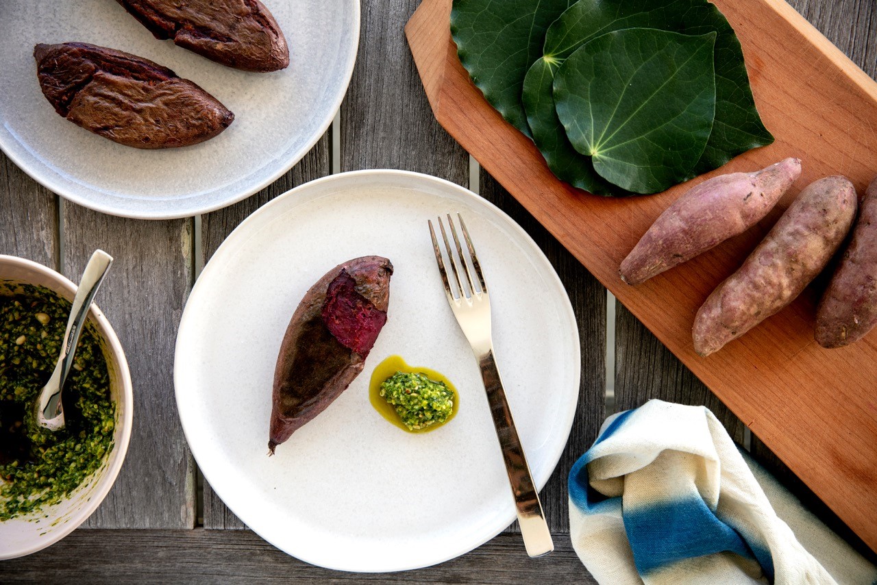 Papatūānuku Kōkiri Marae - Steamed and roasted Kumara with kawakawa pesto