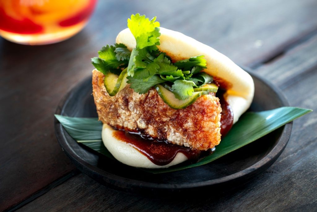 The Blue Breeze Inn - Steamed bun with roasted pork belly and pickled cucumber